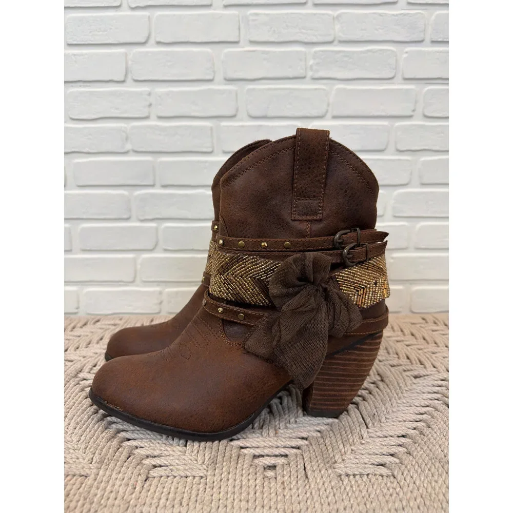 Not Rated Western Beaded Ankle Booties Brown Studded Wedge 10M